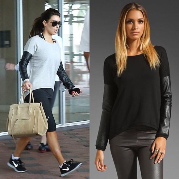 Generation Love New York Black Perforated Faux Leather Sleeve Sweater Size XS/S - Picture 3 of 13